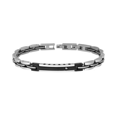 Bracciale Uomo Maglia Imperniata con dettagli Neri Targa e Cubic Zirconia Bianco in ACCIAIO