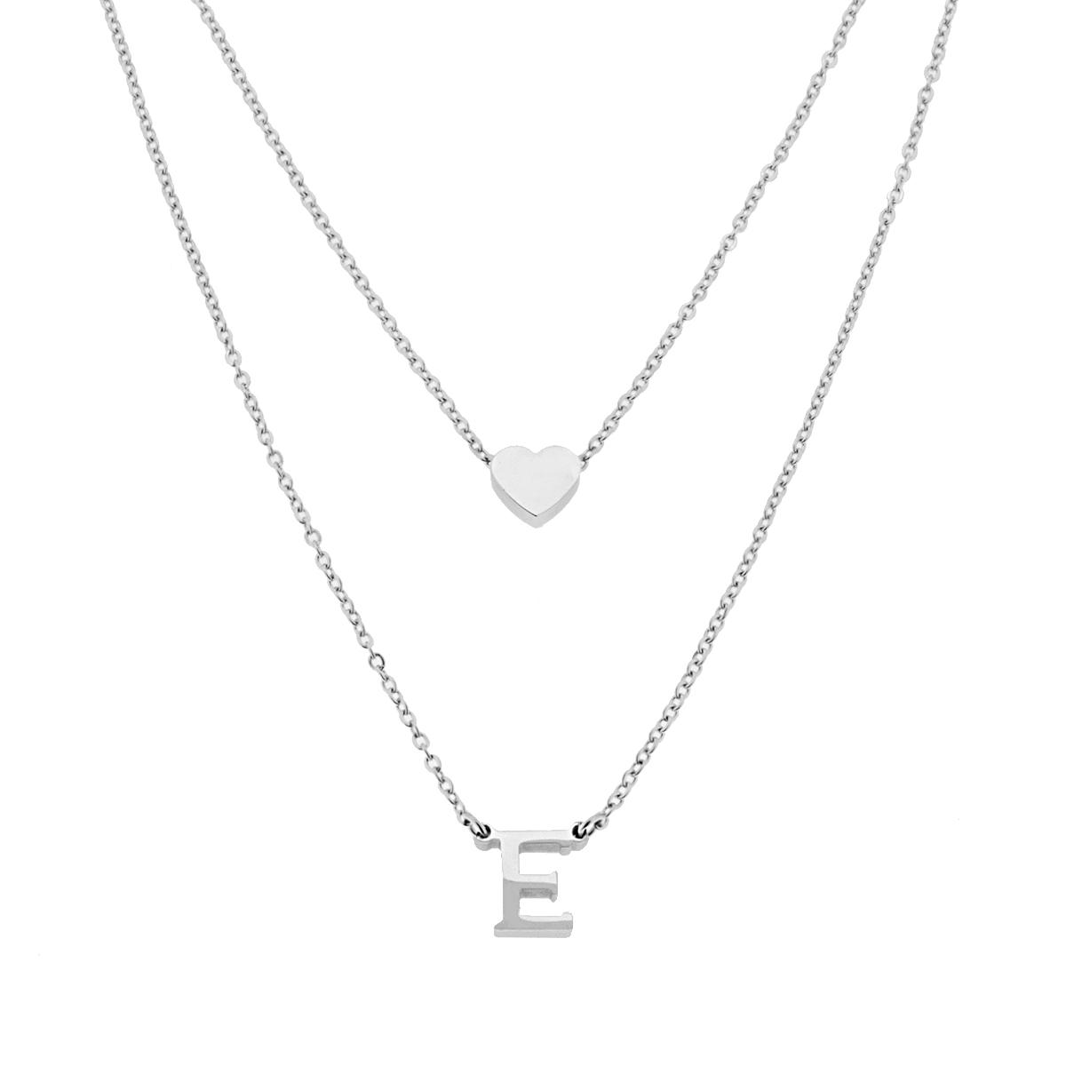 Collana doppia Catena Forzatina Diamantata con Lettera Iniziale pendente e Cuore passante in ACCIAIO
