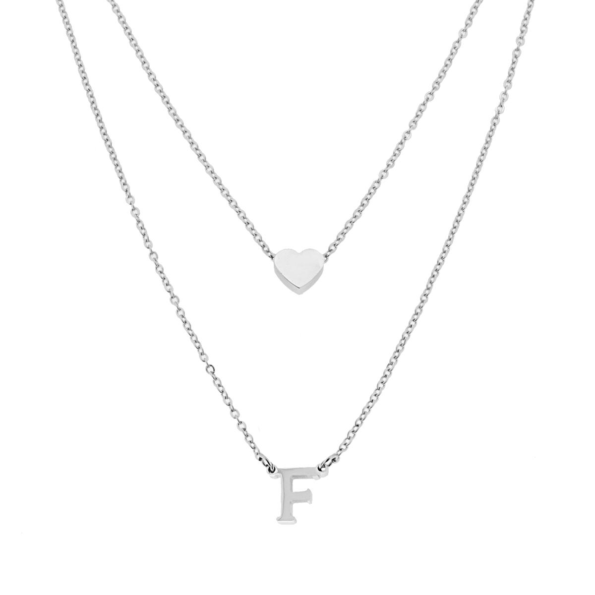 Collana doppia Catena Forzatina Diamantata con Lettera Iniziale pendente e Cuore passante in ACCIAIO