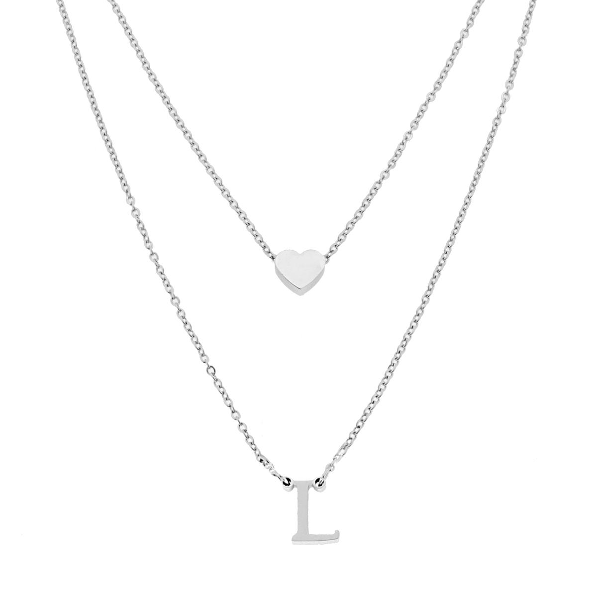 Collana doppia Catena Forzatina Diamantata con Lettera Iniziale pendente e Cuore passante in ACCIAIO