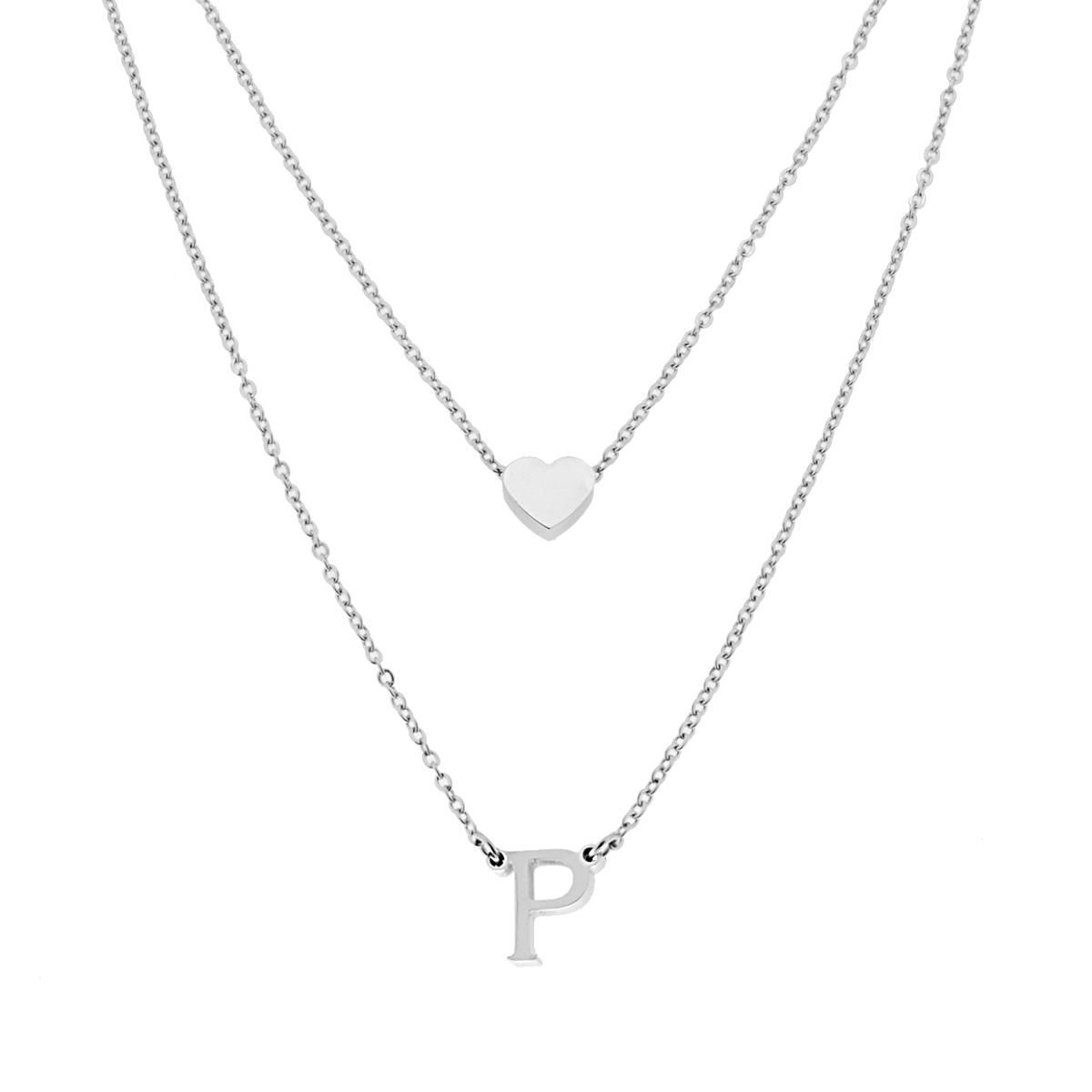 Collana doppia Catena Forzatina Diamantata con Lettera Iniziale pendente e Cuore passante in ACCIAIO