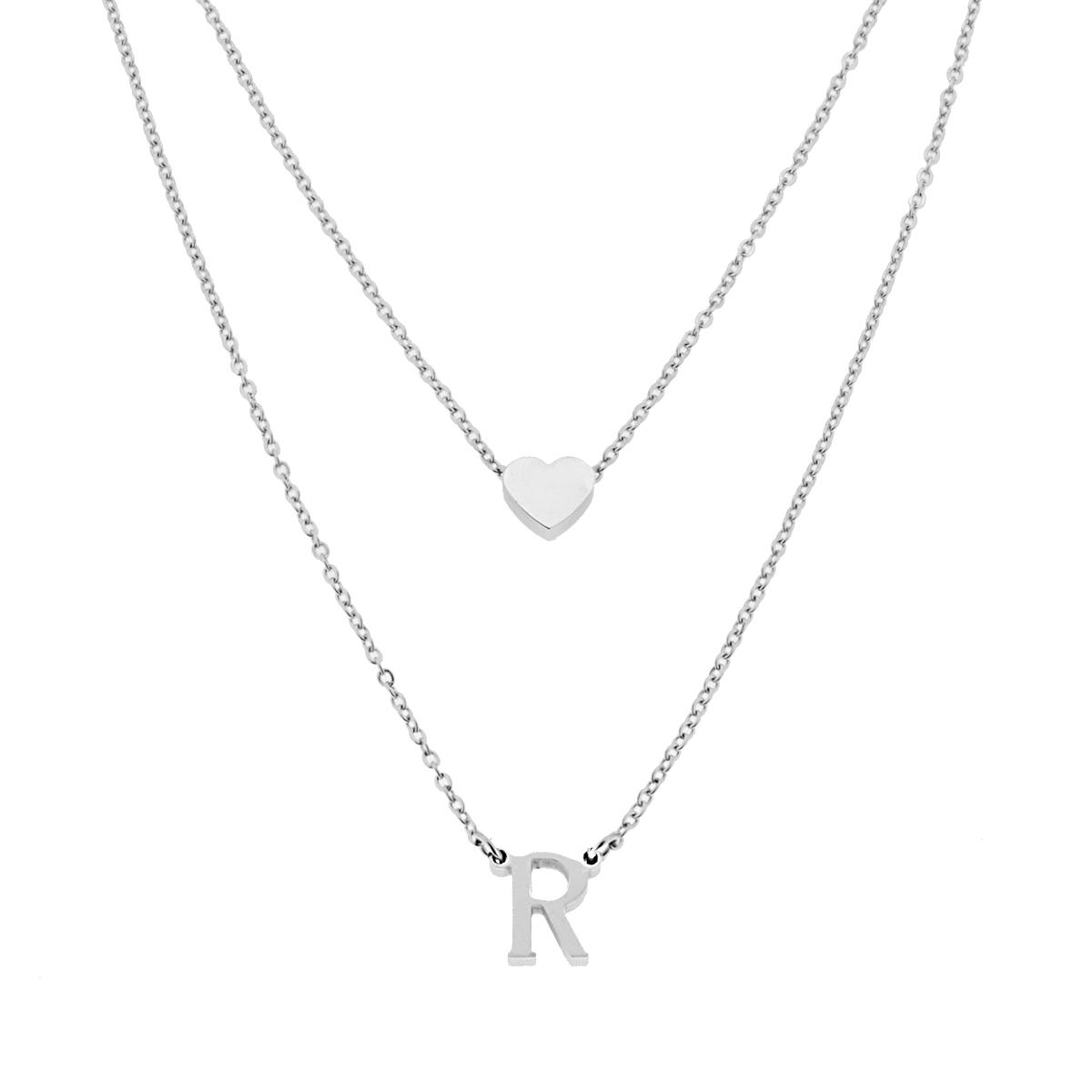Collana doppia Catena Forzatina Diamantata con Lettera Iniziale pendente e Cuore passante in ACCIAIO