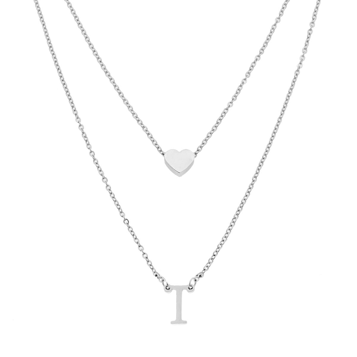 Collana doppia Catena Forzatina Diamantata con Lettera Iniziale pendente e Cuore passante in ACCIAIO