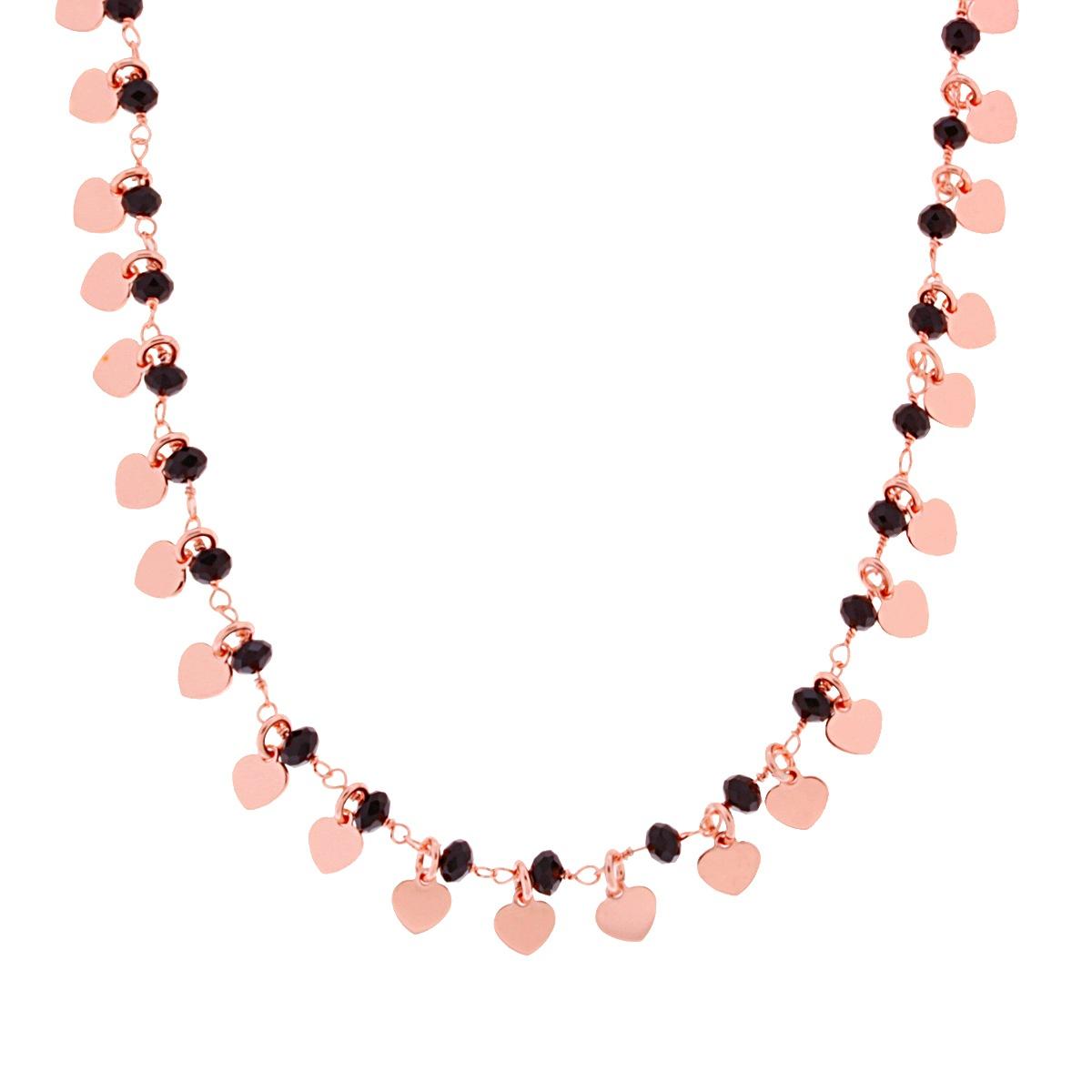 Collana con Cuori plain pendenti e Grani Crystal Neri in ARGENTO 925  Galvanica Rosa 21989