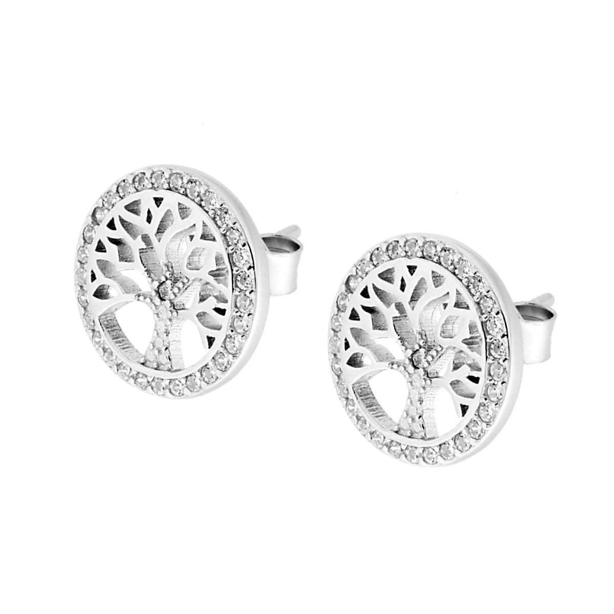 Orecchini con Albero della Vita con Zirconi Bianchi in ARGENTO 925 Galvanica Rodio