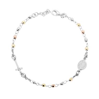 Bracciale Rosario cm 20 con Grani Sfaccettati mm 3 con Croce e Medaglia Madonna in ARGENTO 925 Rodiato e Galvanica Oro e Rosata