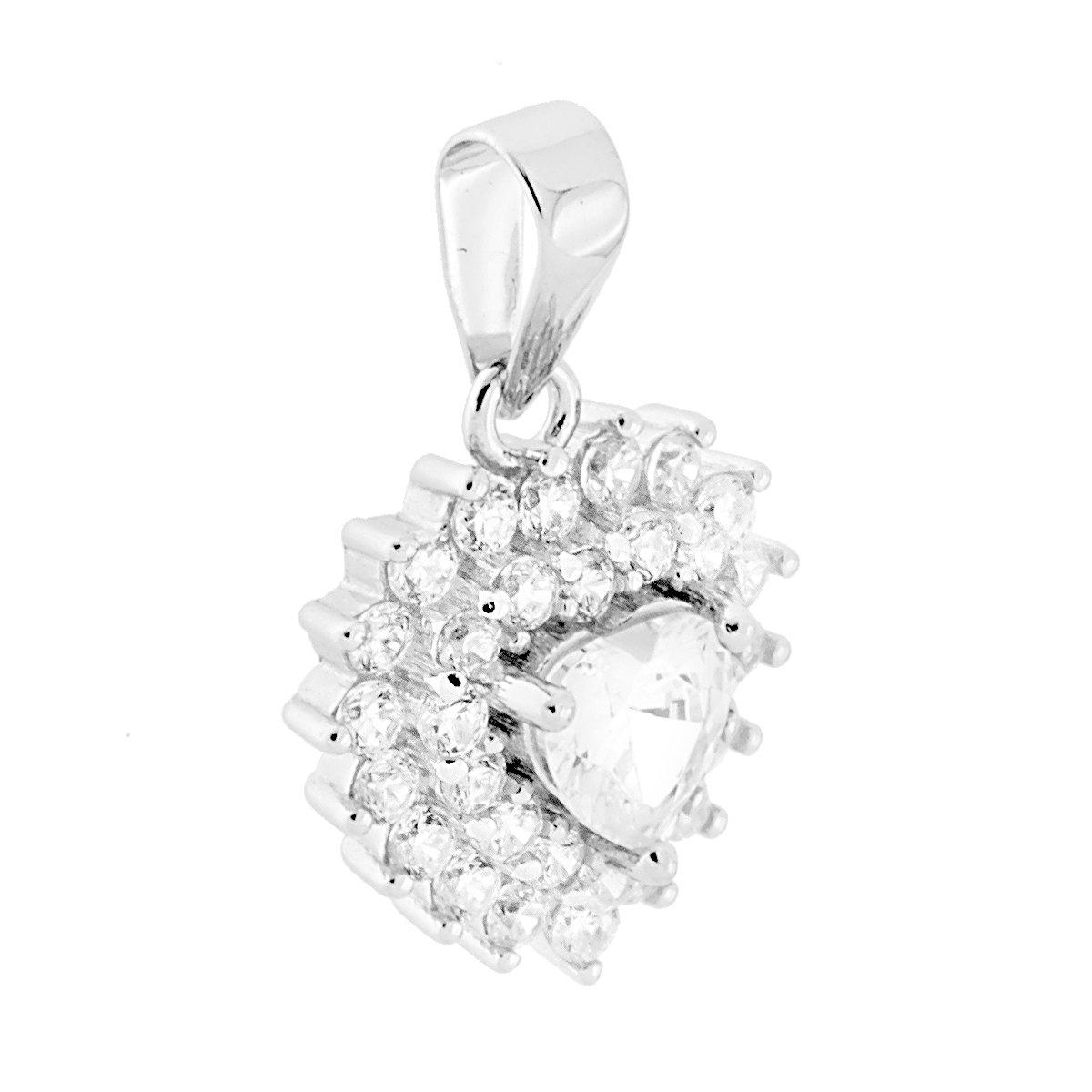 Ciondolo Cuore Zircone Bianco contornato da Zirconi Bianchi in ARGENTO 925 Galvanica Rodio