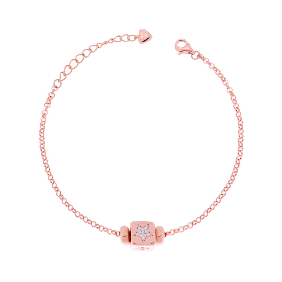 Bracciale Catena Rolo con Cubo e Stelle con Zirconi Bianchi in ARGENTO 925Galvanica Rosa