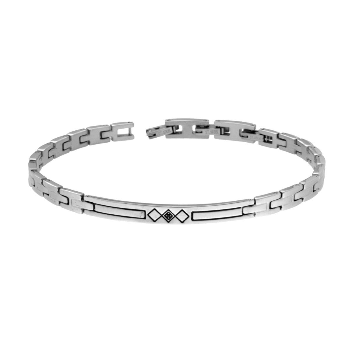 Bracciale Uomo Maglia Imperniata con Targa con Effetto Geometrico con Crystal Nero in ACCIAIO