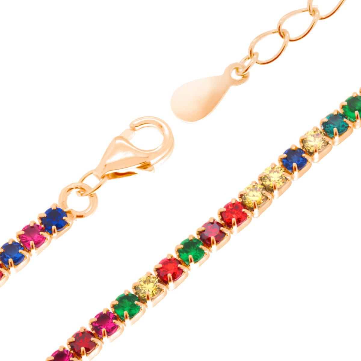 Bracciale Tennis Griffe cm 17+3 con Zirconi mm 2 Multicolor Rainbow in ARGENTO 925 Galvanica Oro