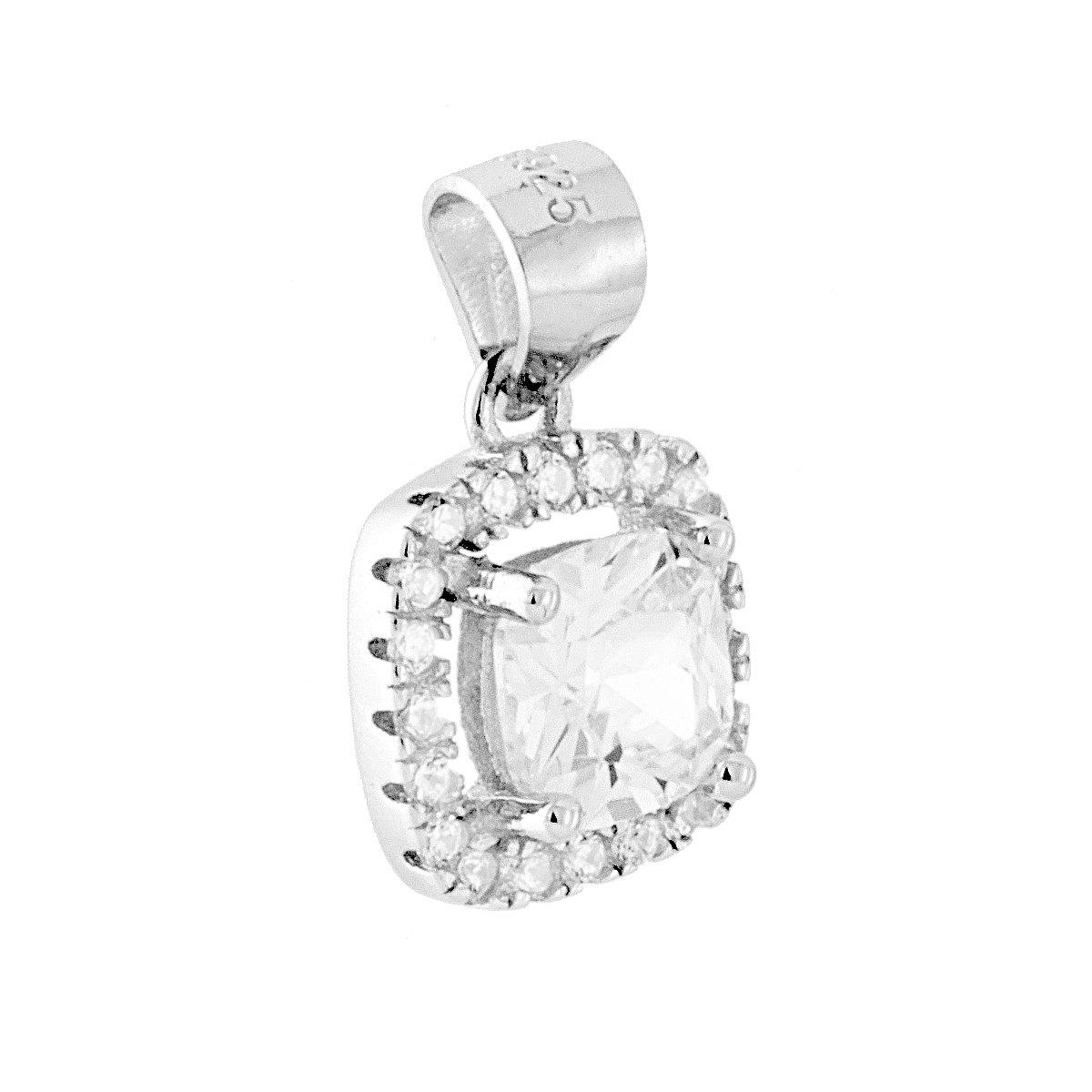 Ciondolo Zircone Quadrato Cushion Bianco contornato da Zirconi Bianchi in ARGENTO 925 Galvanica Rodio