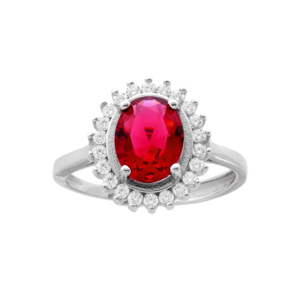 Anello Halo con Zircone Ovale Rosso Rubino contornato da Zirconi Bianchi in ARGENTO 925 Galvanica Rodio