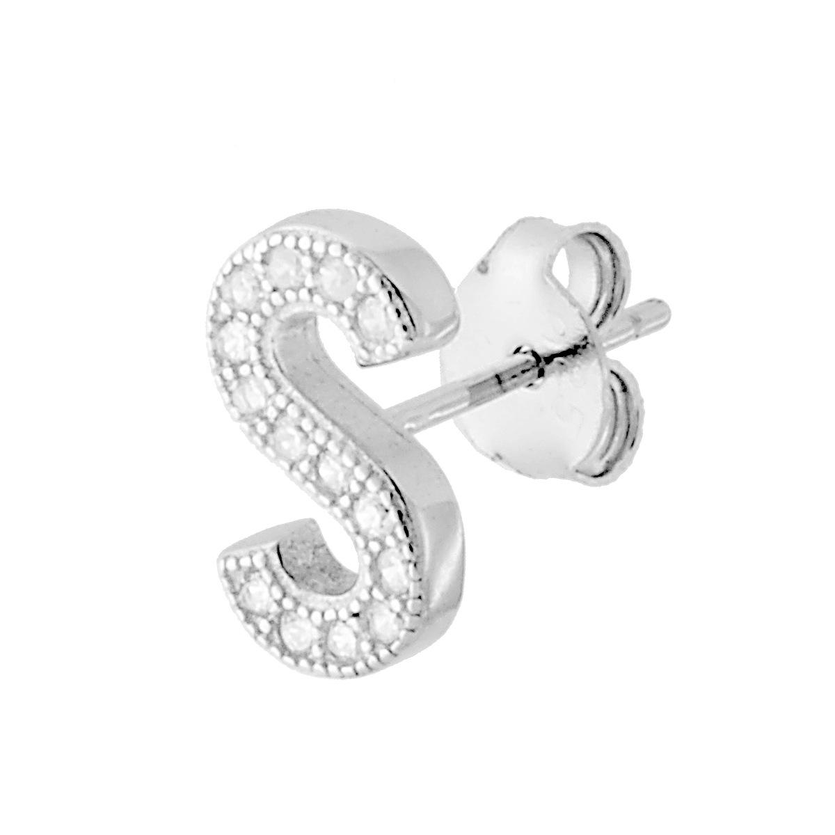 Orecchino Lettera per nome Iniziale con Zirconi Bianchi in ARGENTO 925 Galvanica Rodio