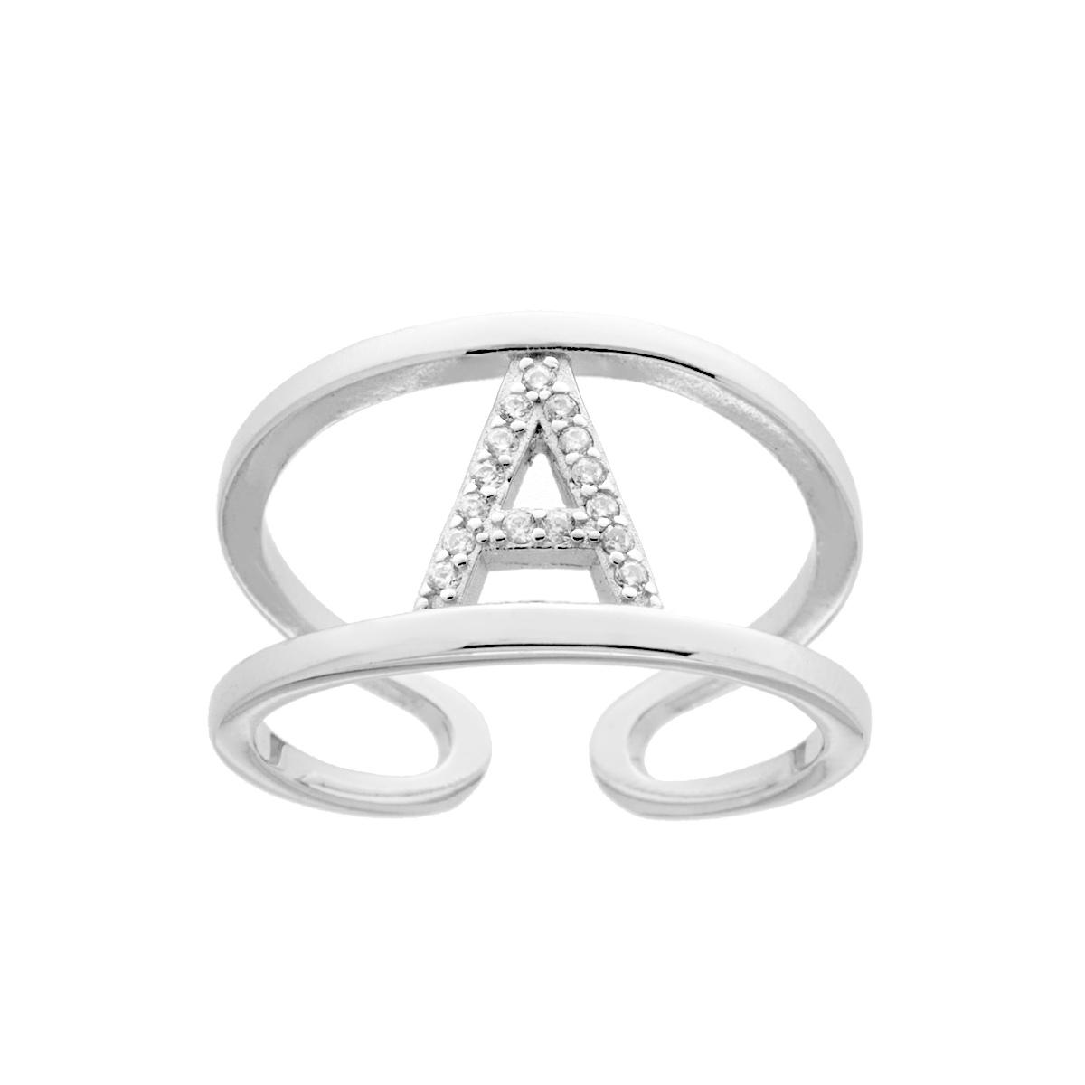 Anello Fascione a doppio gambo con Lettera Iniziale con Zirconi Bianchi in ARGENTO 925 Galvanica Rodio