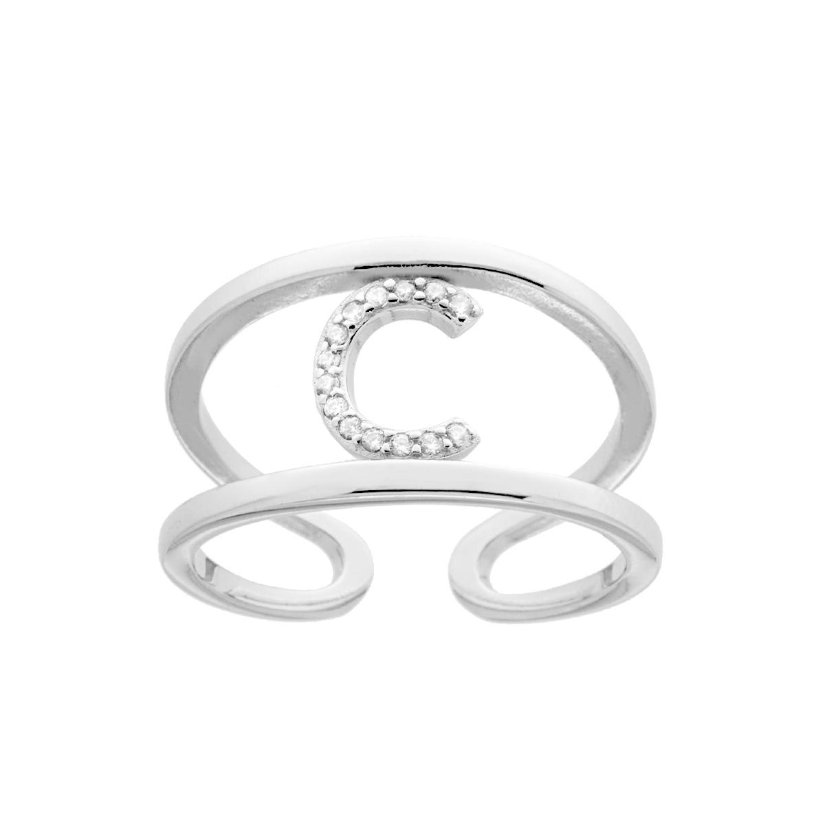 Anello Fascione a doppio gambo con Lettera Iniziale con Zirconi Bianchi in ARGENTO 925 Galvanica Rodio