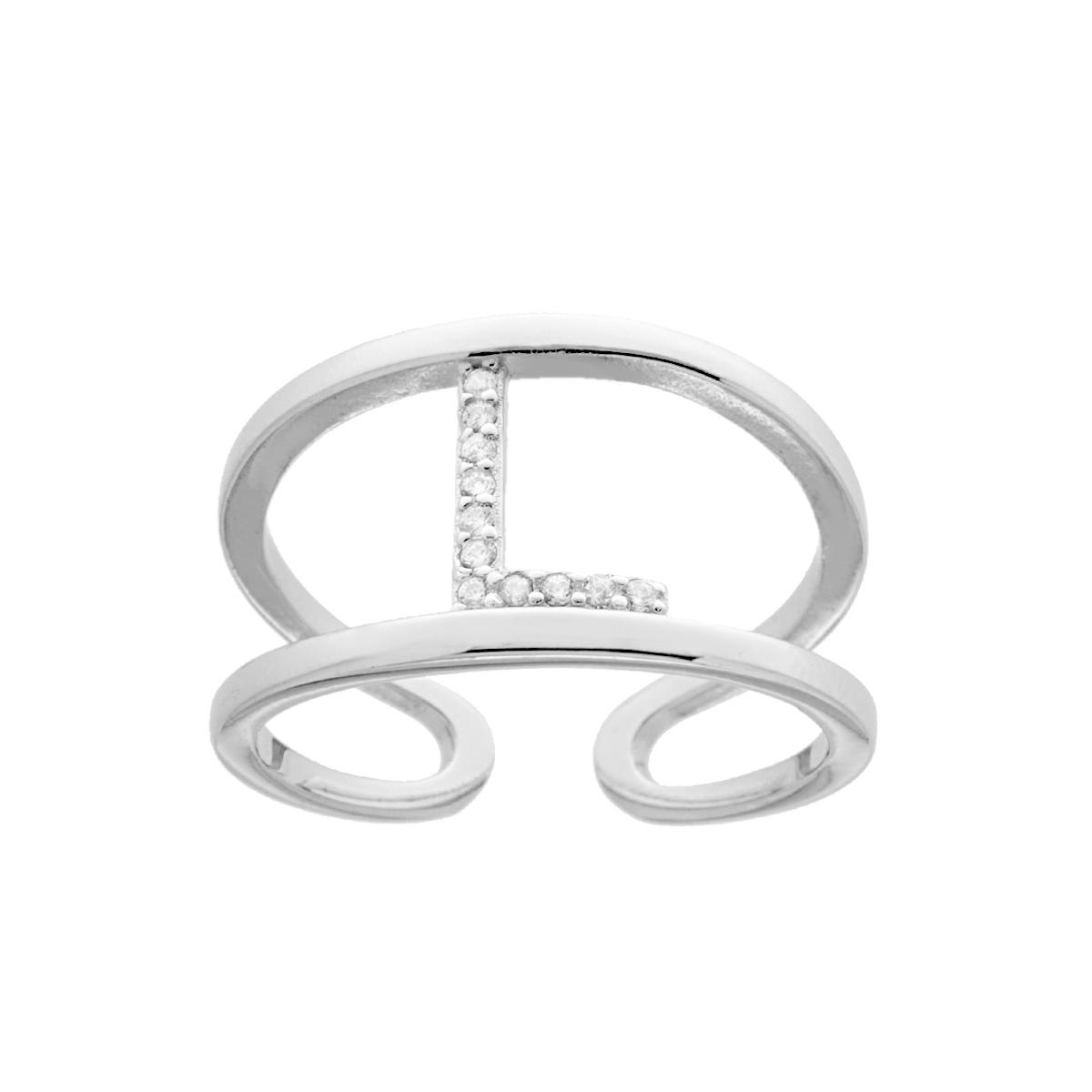 Anello Fascione a doppio gambo con Lettera Iniziale con Zirconi Bianchi in ARGENTO 925 Galvanica Rodio