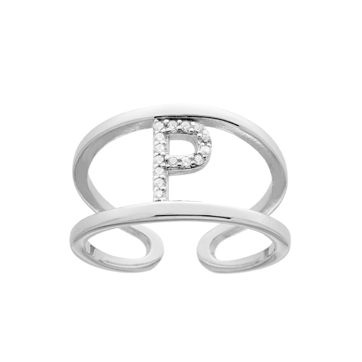 Anello Fascione a doppio gambo con Lettera Iniziale con Zirconi Bianchi in ARGENTO 925 Galvanica Rodio