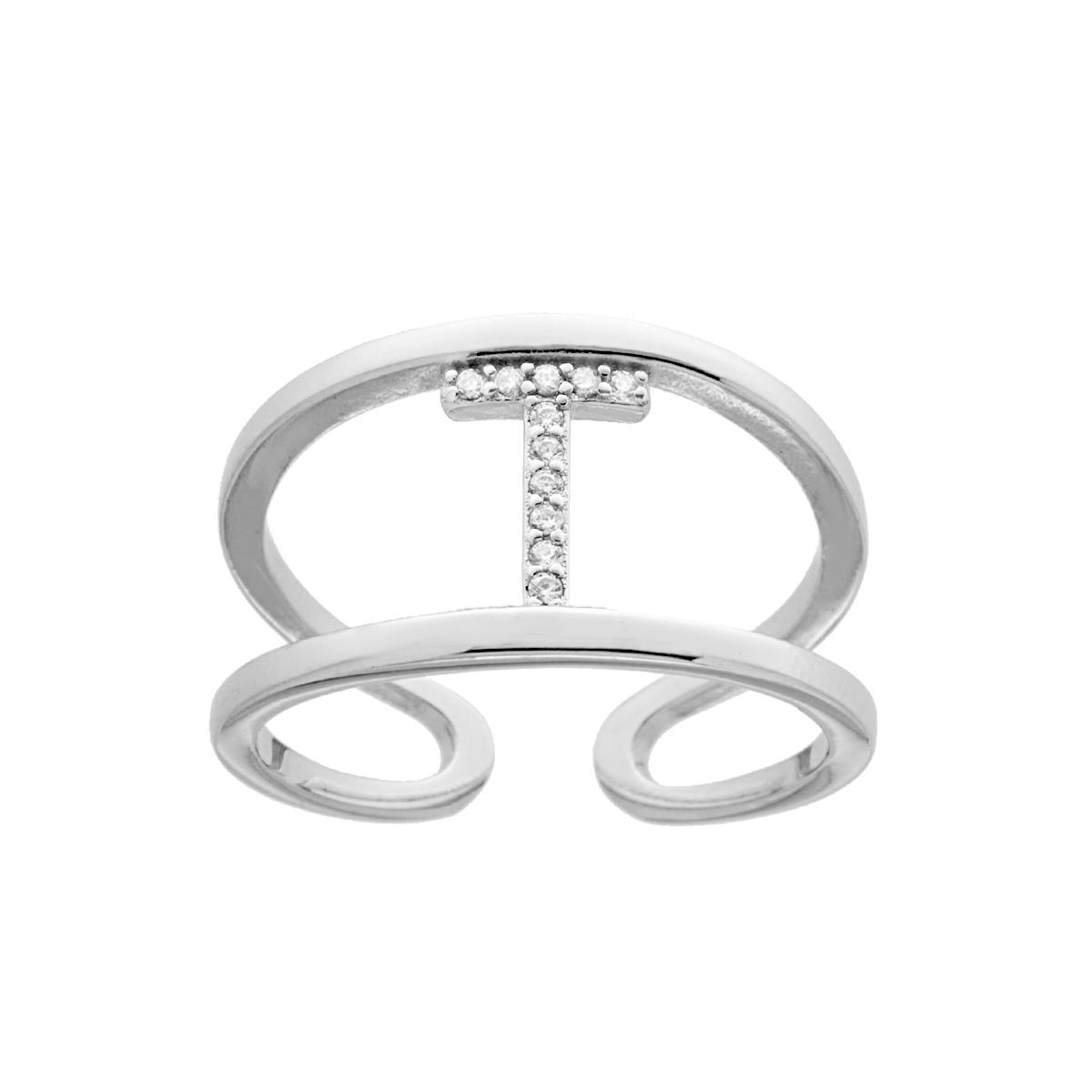 Anello Fascione a doppio gambo con Lettera Iniziale con Zirconi Bianchi in ARGENTO 925 Galvanica Rodio