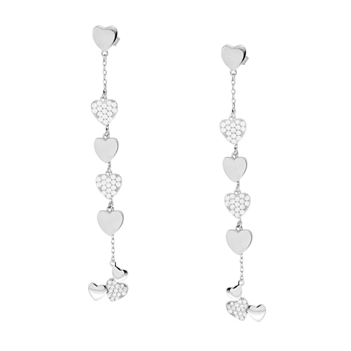 Orecchini Catena Forzatina Diamantata con Cuori plain e Cuori con Zirconi Bianchi pendenti in ARGENTO 925 Galvanica Rodio