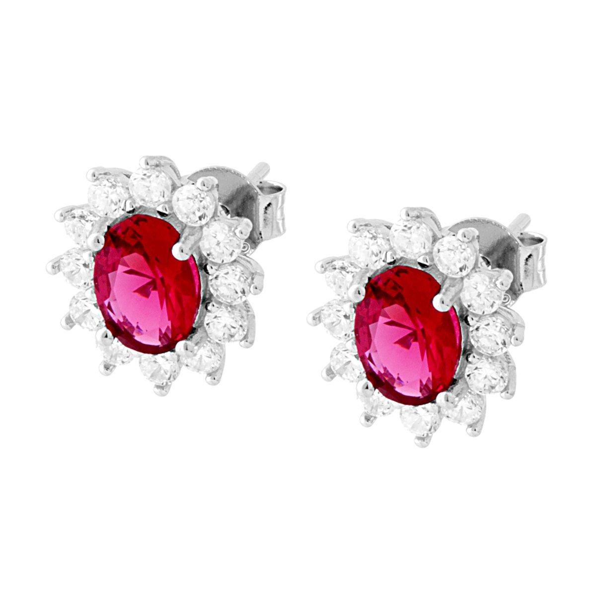 Orecchini Ovale Zircone Rosso Rubino contornato da Zirconi Bianchi in ARGENTO 925 Galvanica Rodio