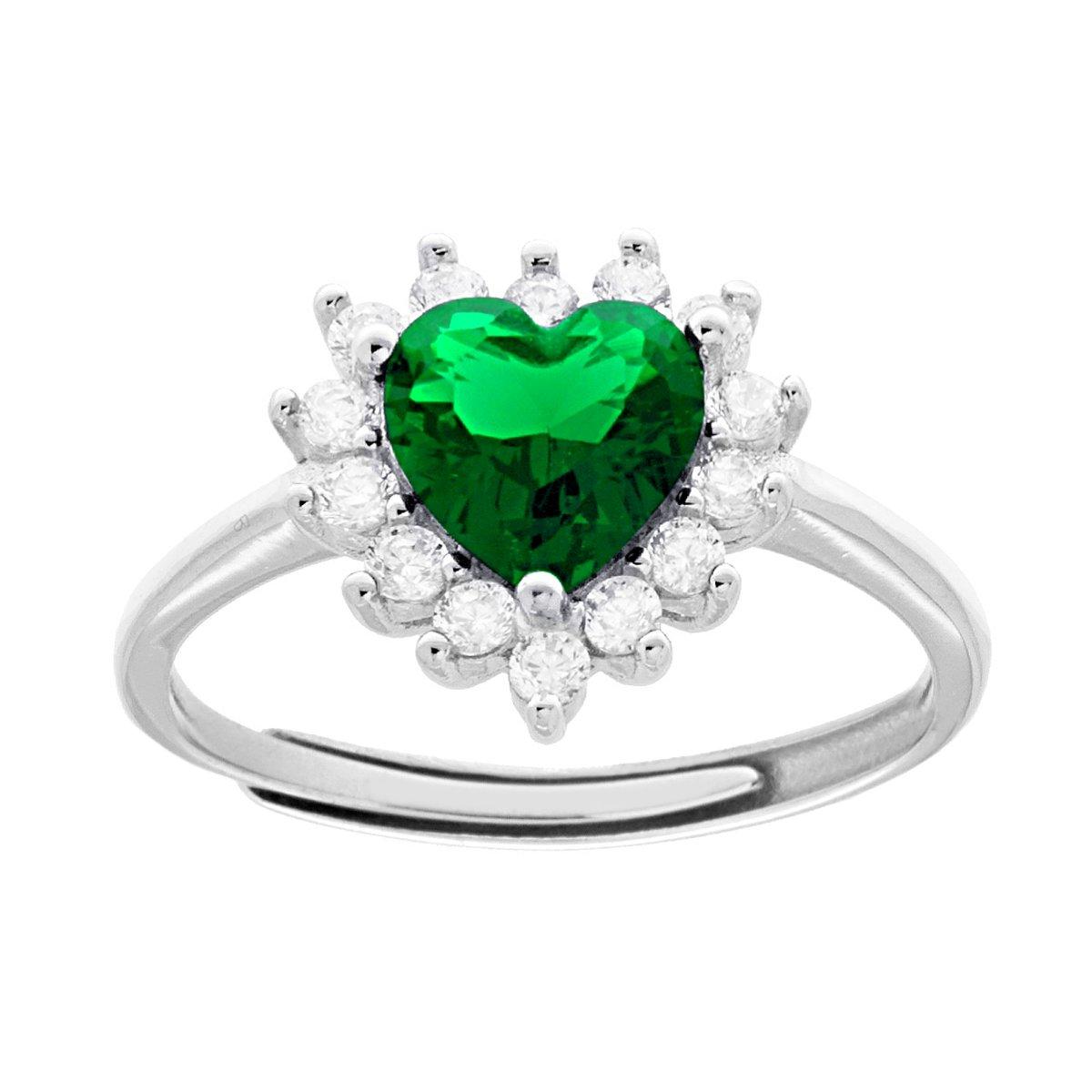 Anello Solitario Cuore Cubic Zirconi Verde Smeraldo contornato da Cubic Zirconia Bianchi in ARGENTO 925 Galvanica Rodio