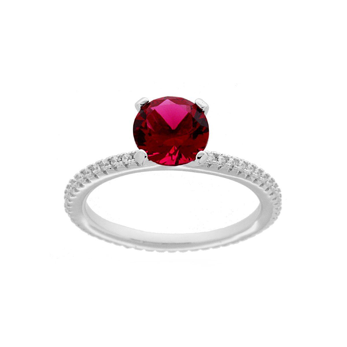 Anello Solitario con Zircone Rosso Rubino e Zirconi Bianchi in