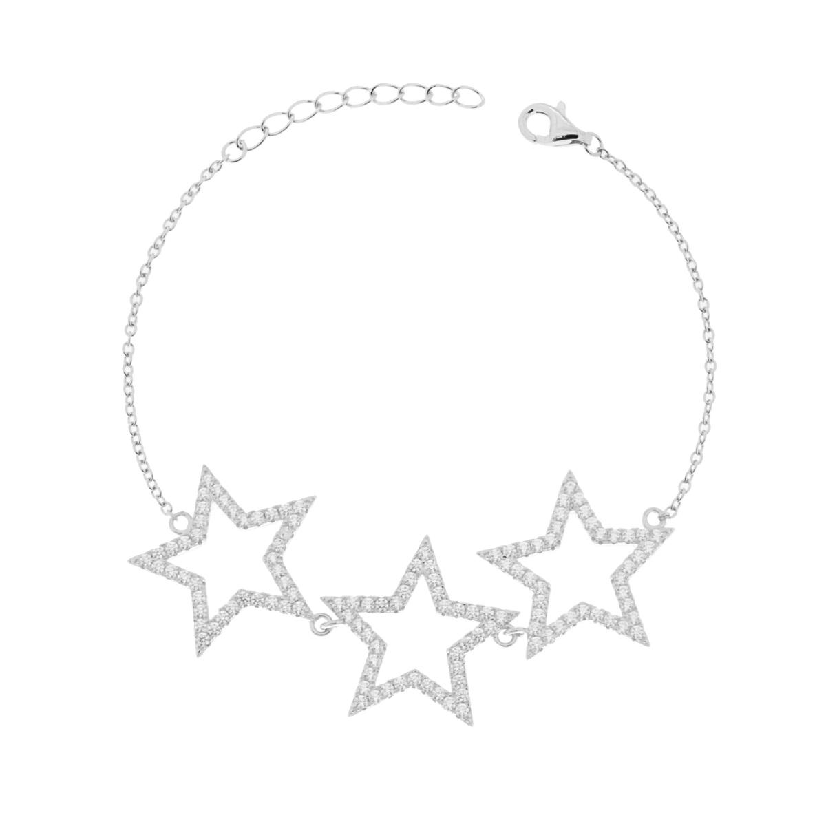 Bracciale Catena Forzatina con tre Stelle e Zirconi Bianchi in ARGENTO 925 Galvanica Rodio