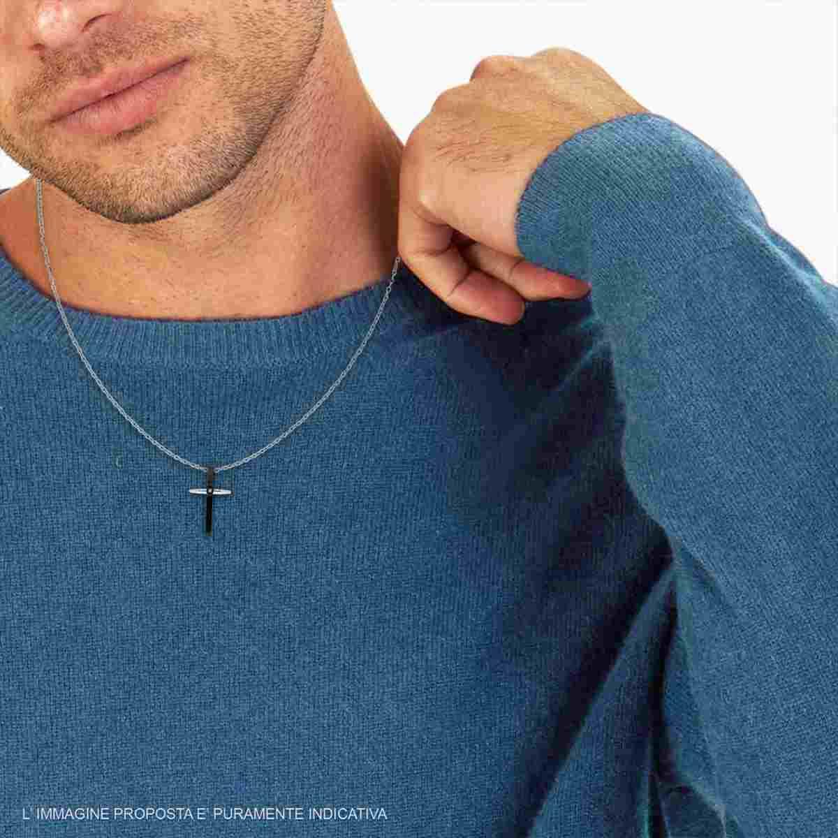 Collana Catena Forzatina con Croce Laccata colore Nero e Crystal Bianco in ACCIAIO