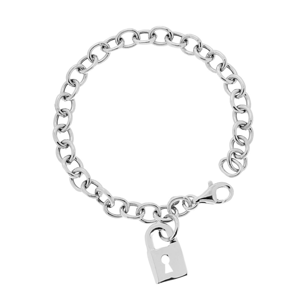 Bracciale Catena Forzatina cm 19 con Lucchetto pendente in ARGENTO 925 Galvanica Rodio