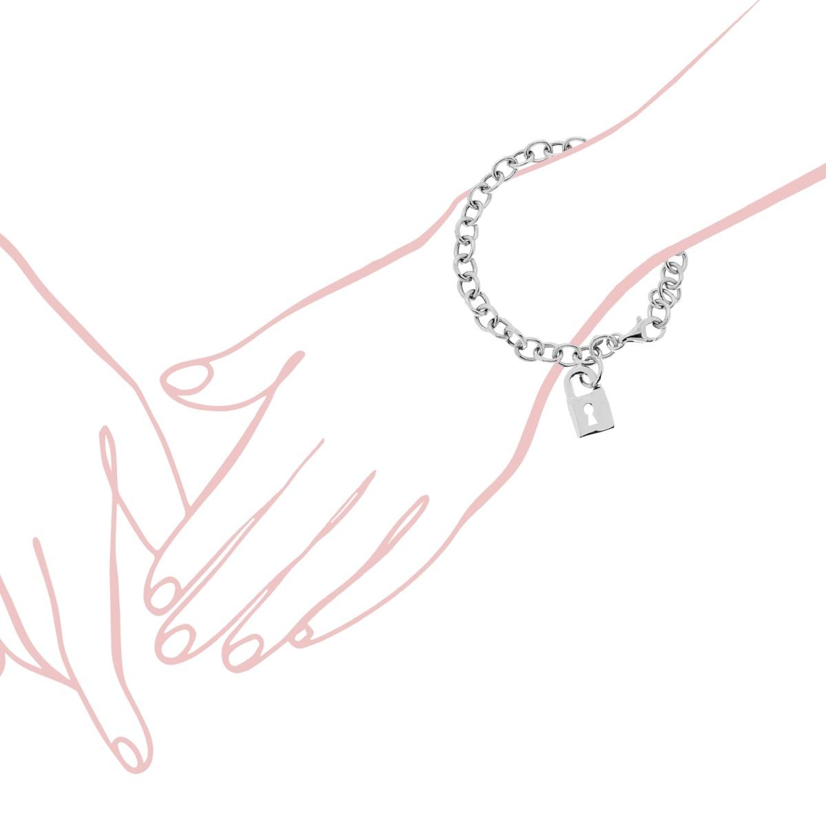 Bracciale Catena Forzatina cm 19 con Lucchetto pendente in ARGENTO 925 Galvanica Rodio