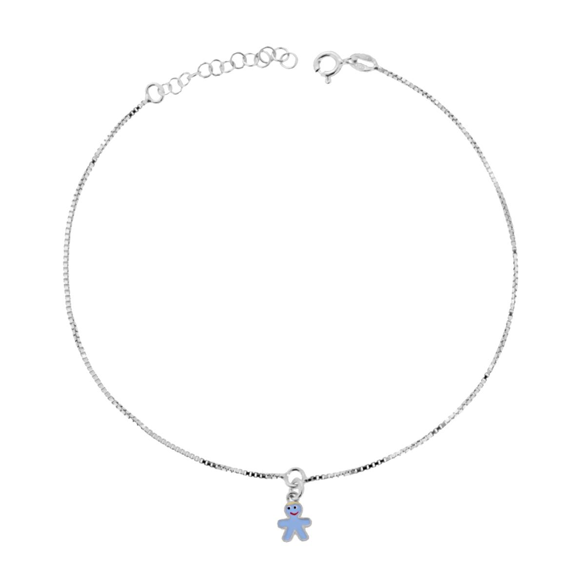 Cavigliera Catena Veneziana Diamantata cm 24+3 con Bimbo smalto Azzurro in ARGENTO 925 Galvanica Rodio