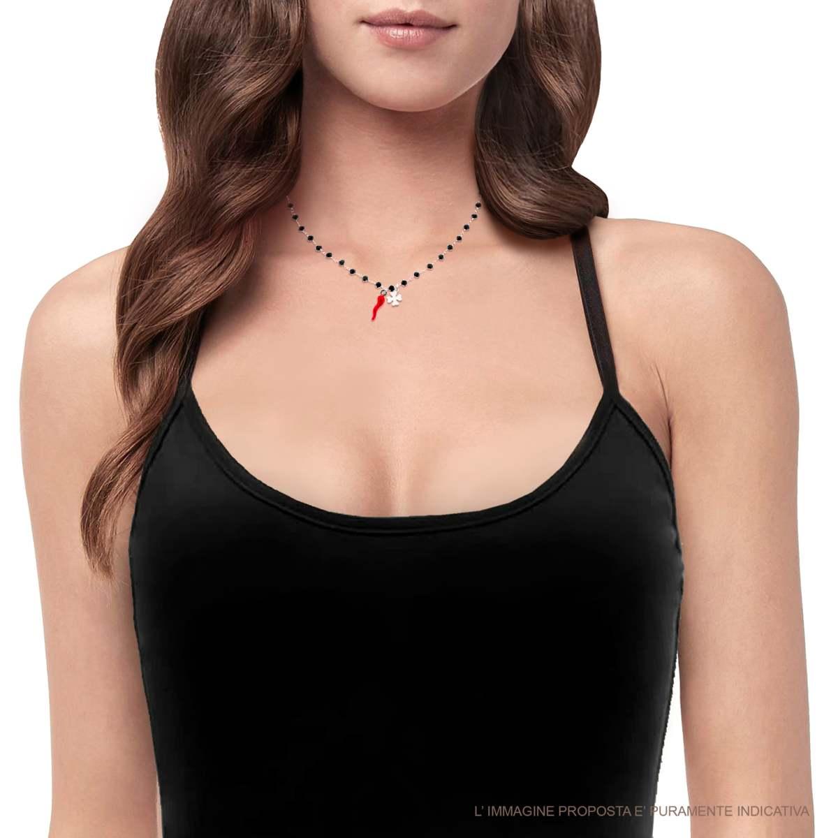 Collana Catena Crystal Nero con Corno smalto Rosso e Quadrifoglio Portafortuna plain pendenti in ARGENTO 925 Galvanica Rodio