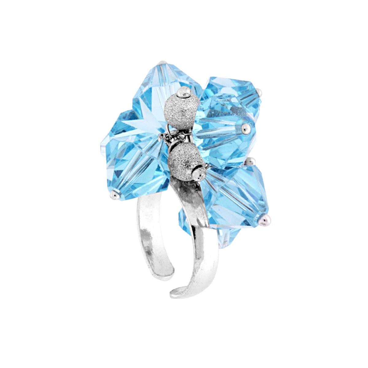 Anello Con Crystal Azzurro e Palline Diamantate mm 5 pendenti in ARGENTO 925 Galvanica Rodio