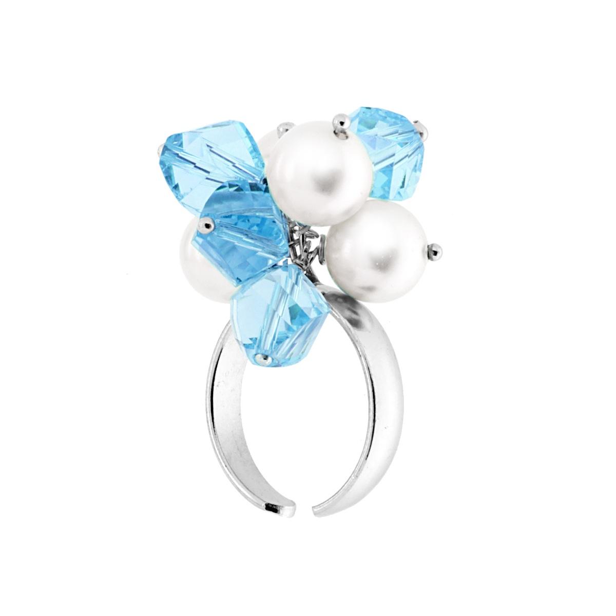 Anello con Crystal Azzurro e Perle mm 8 pendenti in ARGENTO 925 Galvanica Rodio