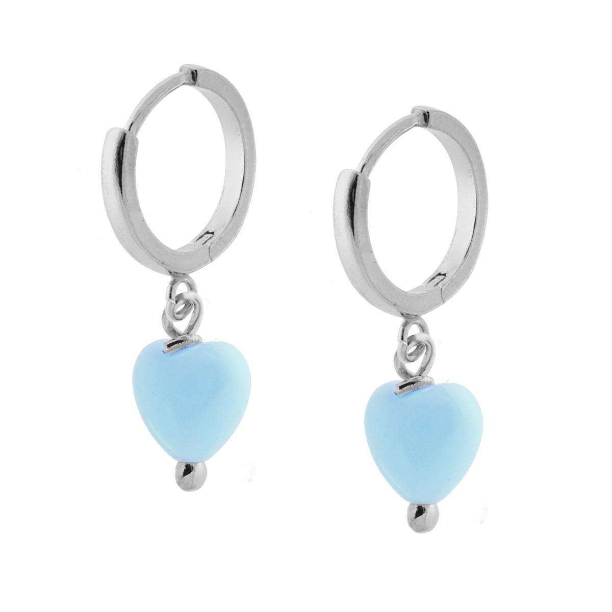 Orecchini Cerchio mm 14 con Cuore pendente colore Azzurro in ARGENTO 925 Galvanica Rodio