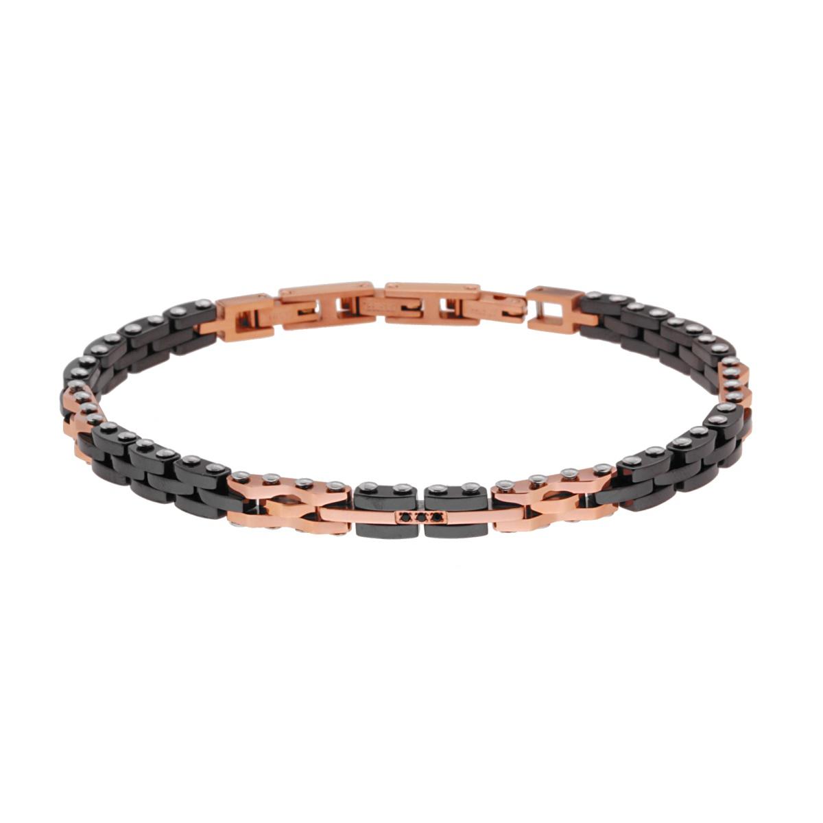 Bracciale Uomo Maglia Imperniata con Ceramica e Crystal Nero Galvanica Rosa in ACCIAIO