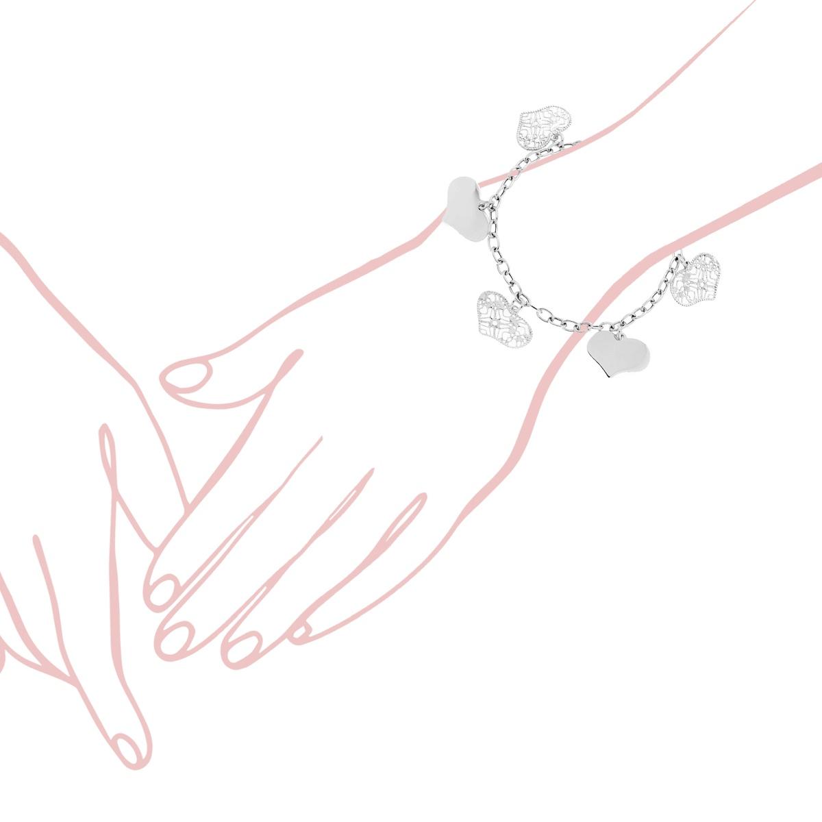 Bracciale Catena Forzatina con Cuori alternati plain e effetto Filigrana Pendenti in ARGENTO 925 Galvanica Rodio