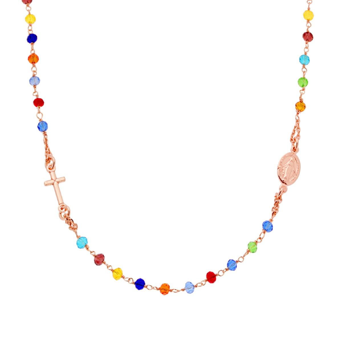 Collana rosario con grani rosa e medaglia miracolosa