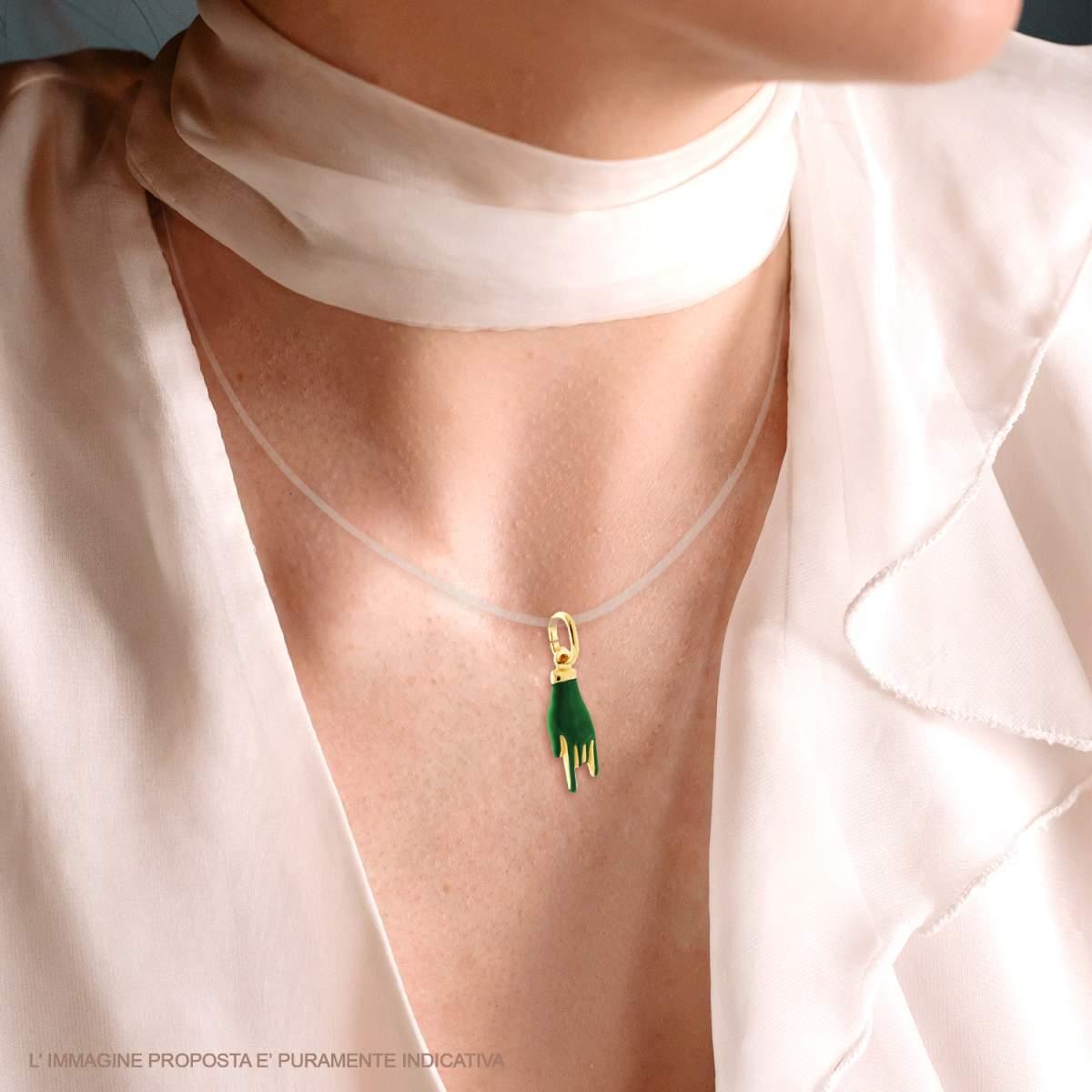 Ciondolo Portafortuna Mano Corna con Smalto Verde Scuro in ARGENTO 925 Galvanica Oro