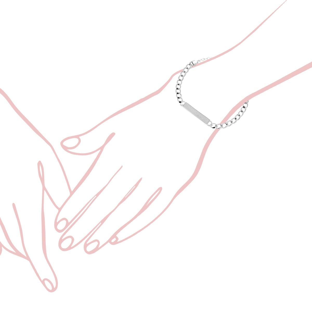 Bracciale Catena Grumetta con Targa e Zirconi Bianchi cm 15+6 in ARGENTO 925 Galvanica Rodio