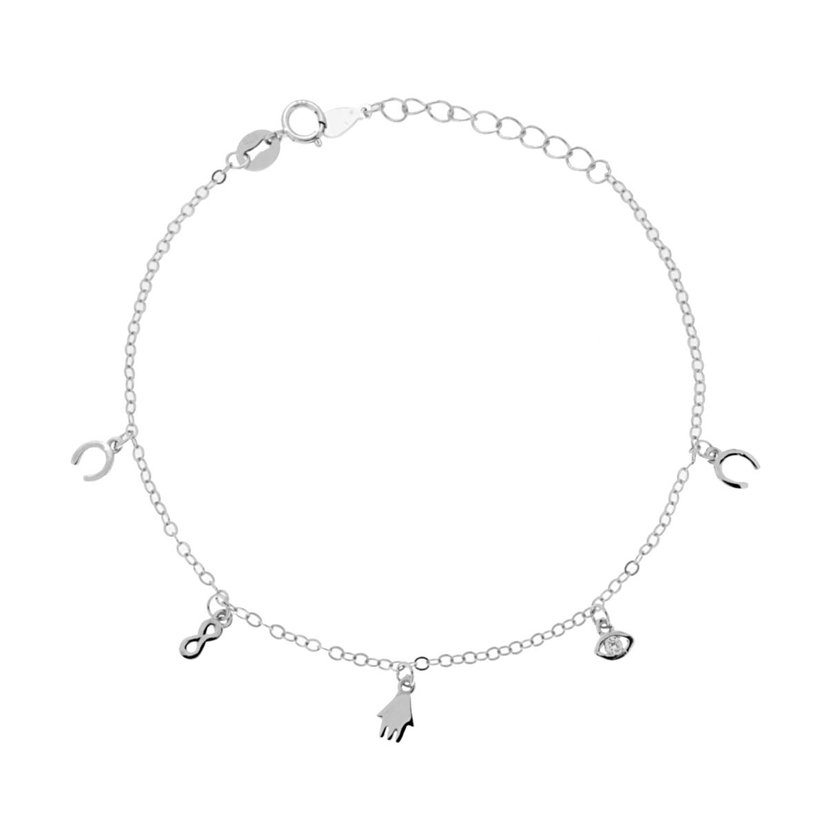 Bracciale Catena Forzatina Diamantata con Charms plain pendenti e Zirconi Bianchi cm 17+3 in ARGENTO 925 Galvanica Rodio