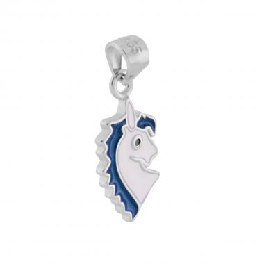 Ciondolo Unicorno con Smalto Bianco e Blu in ARGENTO 925 Galvanica Rodio