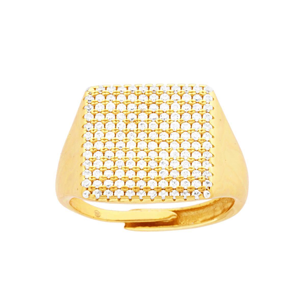 Anello Chevalier Quadrato con Cubic Zirconia Bianchi in ARGENTO 925 Galvanica Oro