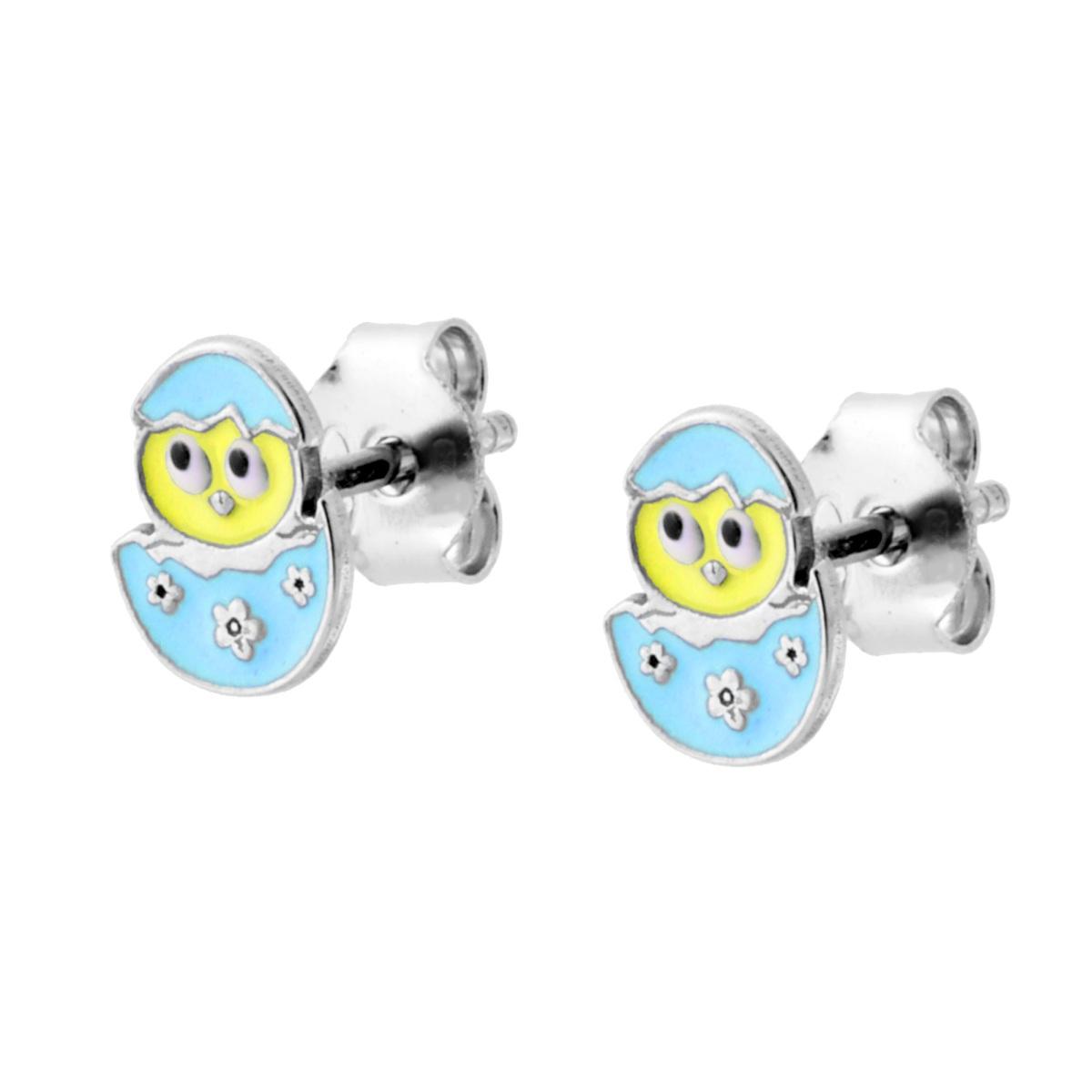 Orecchini Pulcino con Smalto Azzurro in ARGENTO 925 Galvanica Rodio