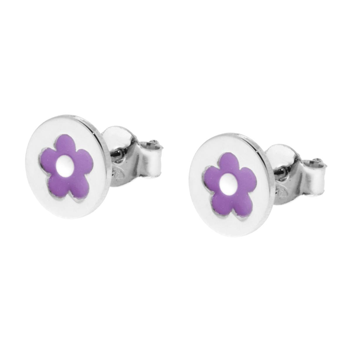 Orecchini Tondo e Fiore con Smalto Viola in ARGENTO 925 Galvanica Rodio