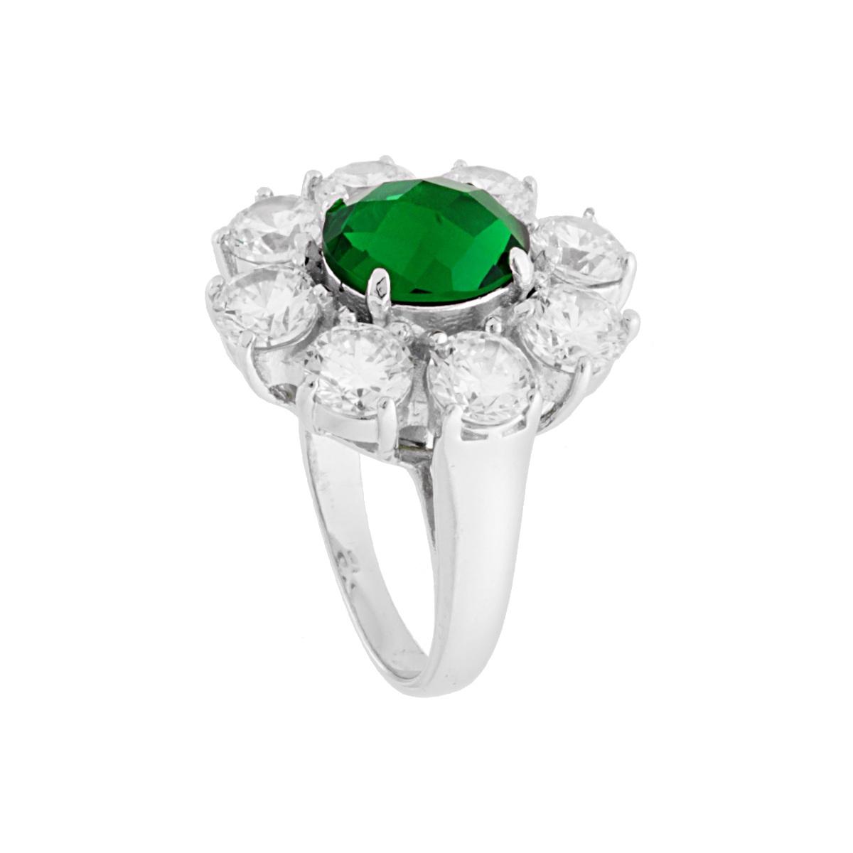 Anello Halo Solitario Fiore con Zircone Ovale Verde Smeraldo e Zirconi Bianchi in ARGENTO 925 Galvanica Rodio