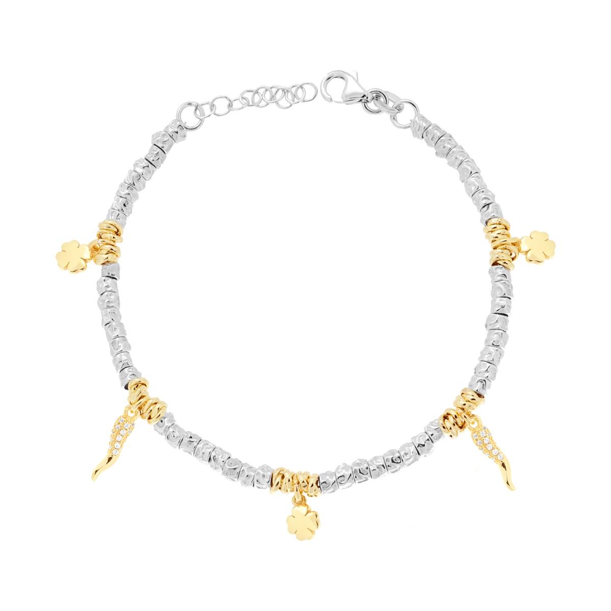 Bracciale Cubetti Martellati con Charms Quadrifoglio e Corno Portafortuna con Zirconi Bianchi in ARGENTO 925 Galvanica Rodio e Oro
