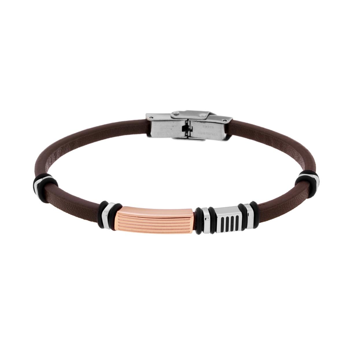 Bracciale Uomo in Ecopelle Marrone con Targa e accessori Galvanica Rosa in ACCIAIO