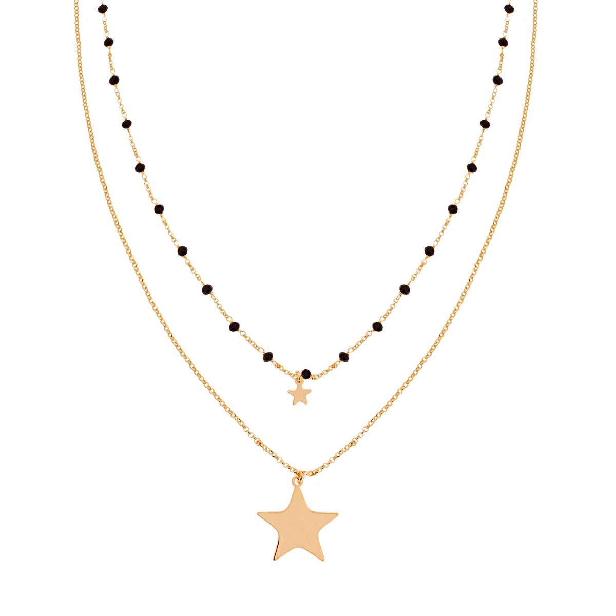 Collana Lunga due fili Catena Rolo Diamantata con Crystal Neri e Stelle  plain pendenti in ARGENTO 925 Galvanica Oro 26548