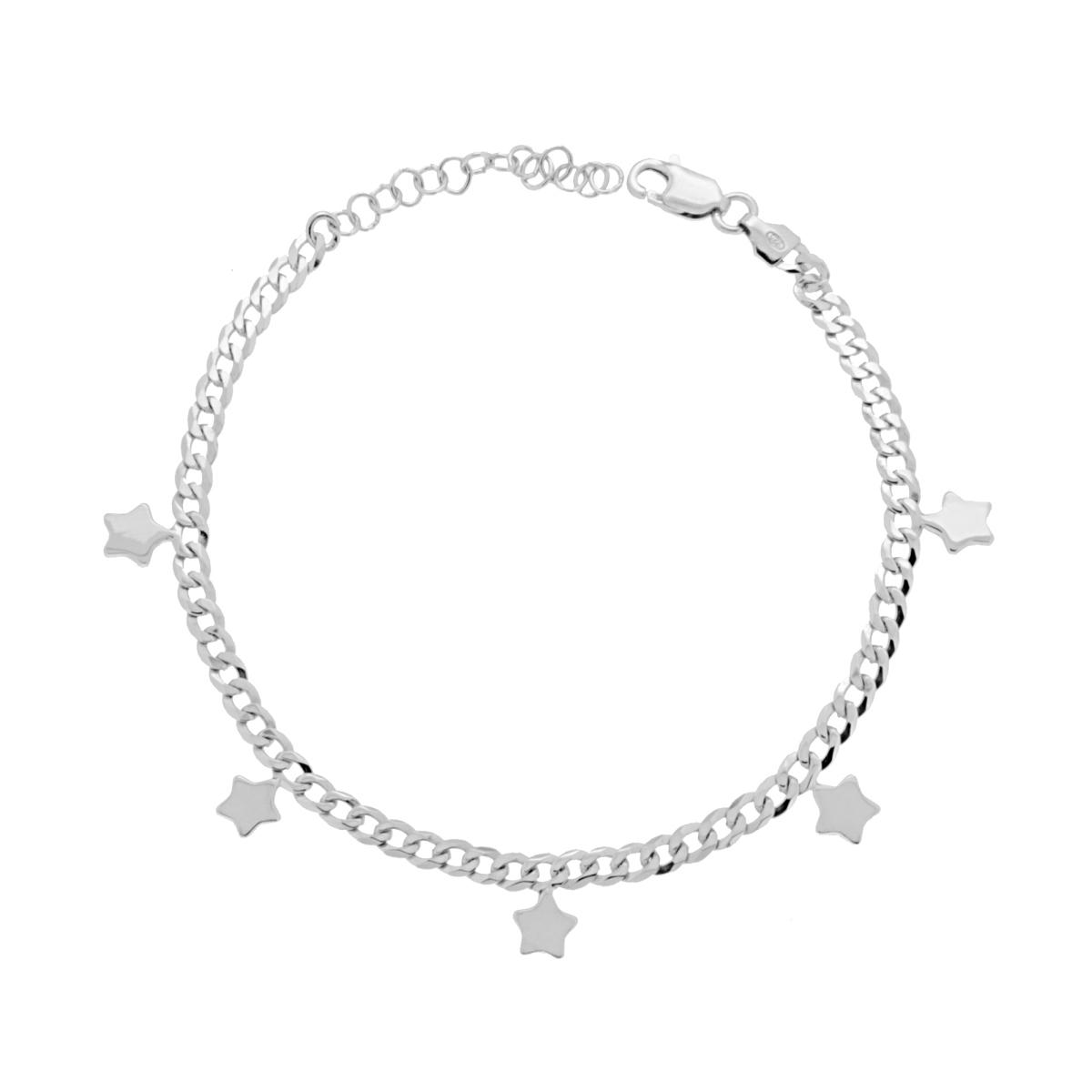 Bracciale Catena Grumetta con Stelle plain pendenti in ARGENTO 925 Galvanica Rodio